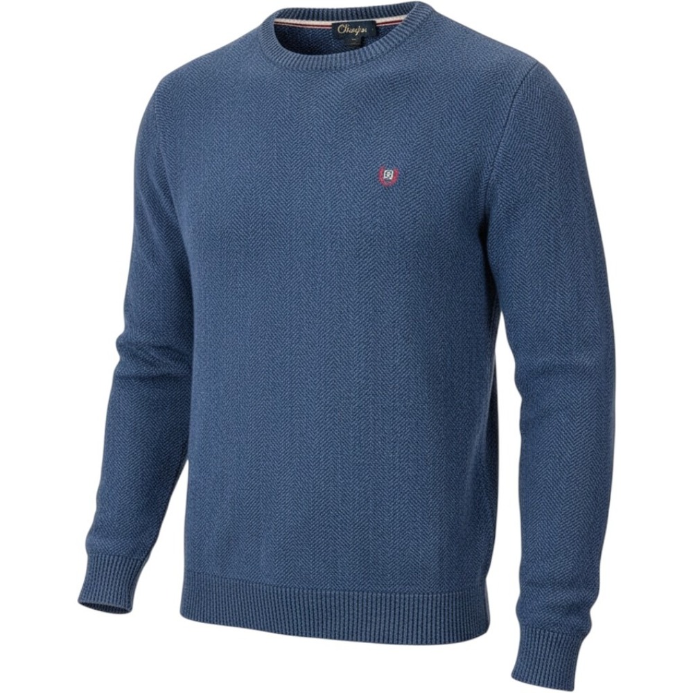 Chaps Mens Blue Herringbone Textured 100% Cotton Crewneck Sweater Large Preppy
